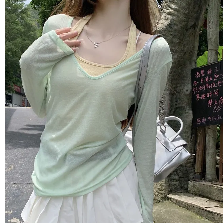 辣妹薄荷绿chic挂脖上衣女夏季新款设计感小众长袖打底衫内搭早春