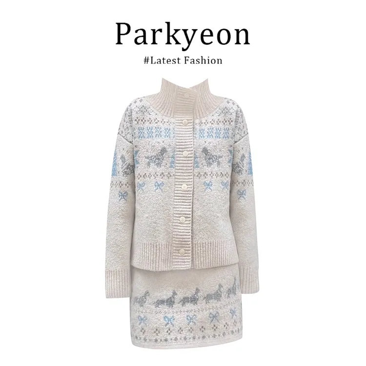 INS CEC冬季高领费尔岛毛衣毛织开衫针织半身短裙时尚显瘦套装