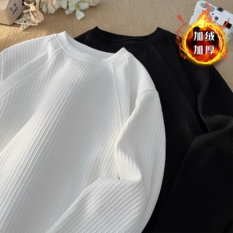 肌理感长袖T恤男2025秋冬加绒拼接潮流体恤宽松百搭圆领休闲上衣