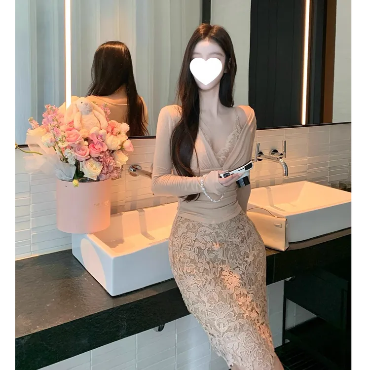 【娇柔软玉】假两件上衣蕾丝包臀半身裙女两件套