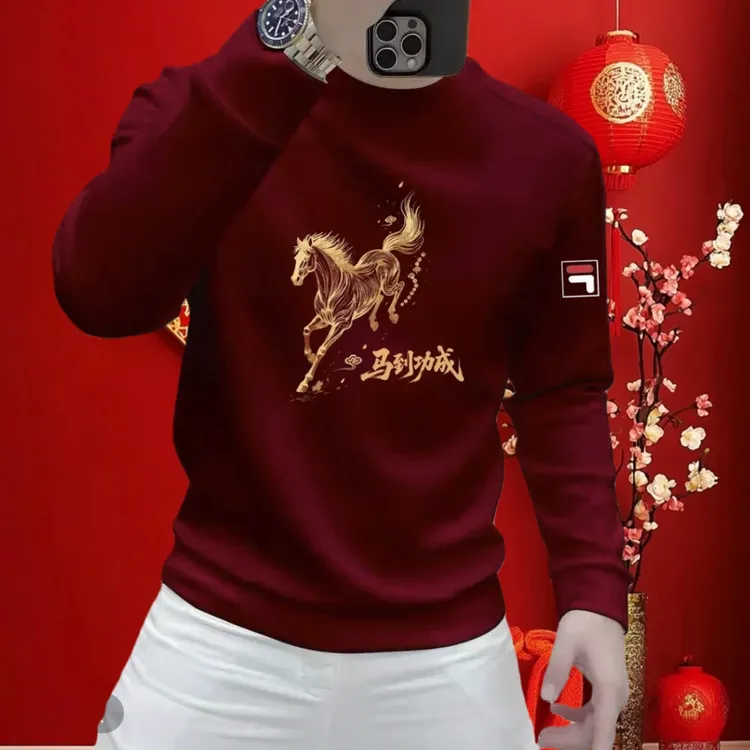 马年男士卫衣红色本命马到功成印花圆领加绒防寒保暖爆款百搭上衣