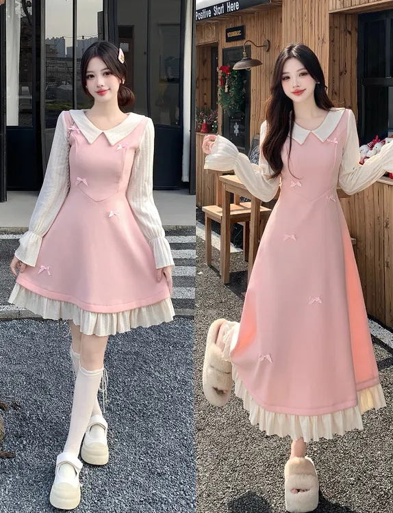 大码云端恋曲胖mm秋冬毛呢蝴蝶结娃娃领长袖连衣裙收腰显瘦A字裙