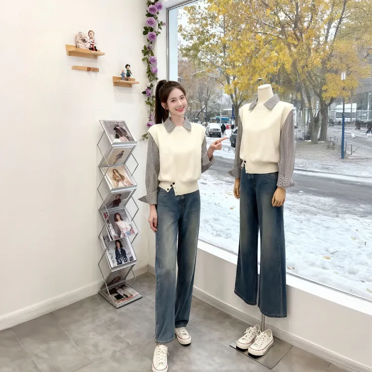 韩系学院风减龄拼接假两件毛衣2025秋冬新款高级感百搭针织衫上衣