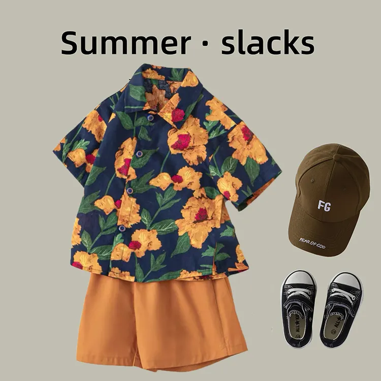 休闲风复古男时尚中国风薄款休闲夏季碎花套装上衣痞帅