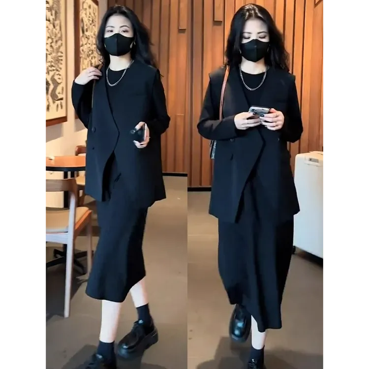 时尚休闲套装女2025春季新款宽松显瘦西装马甲中长款连衣裙两件套