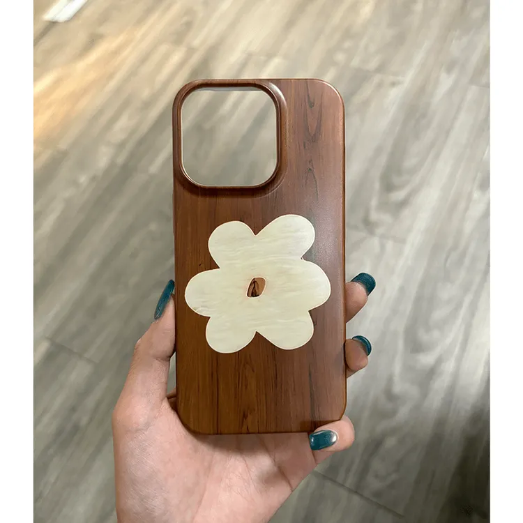 复古木纹花朵菲林硬壳适用苹果16手机壳iPhone15大孔14磨砂创意女