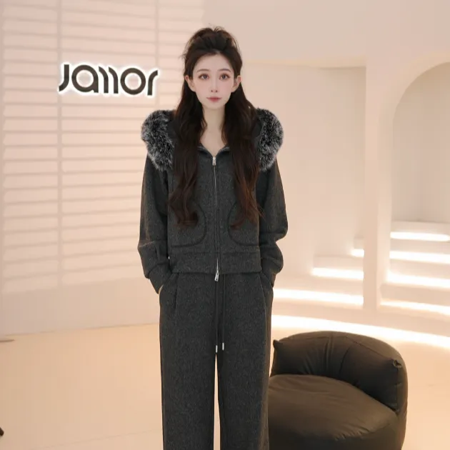Jamor2025冬季新款休闲百搭加绒加厚连帽毛领两件套女DDA589337