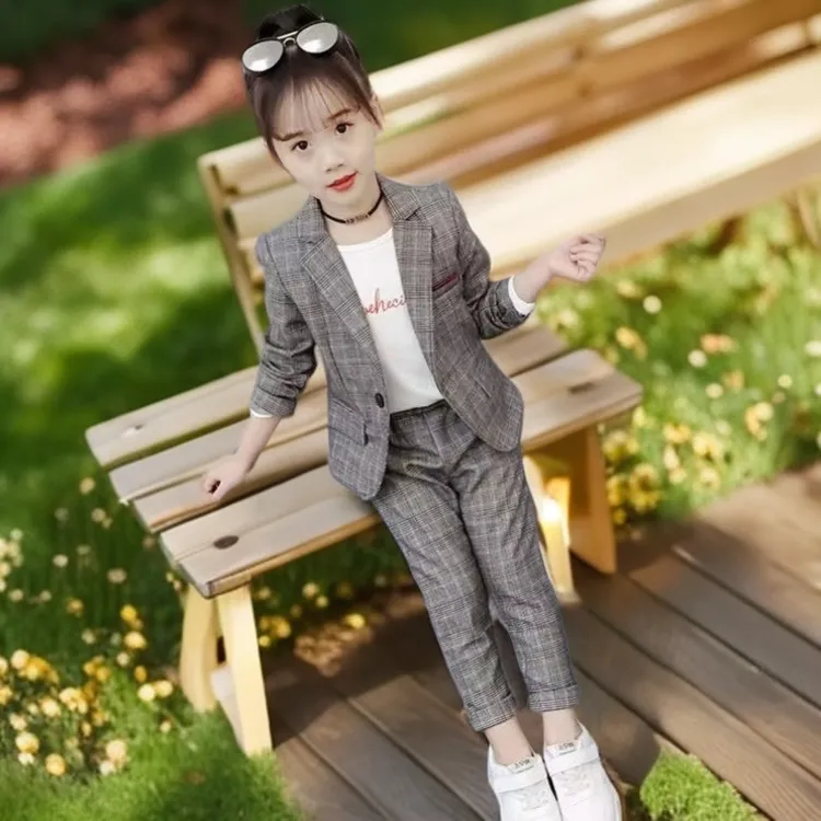 女童西服套装2025秋装韩版儿童中大童洋气小女孩格子西装两件套