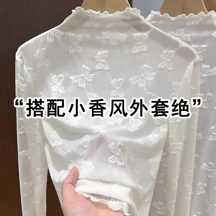 气质内搭网纱打底衫女木耳边蝴蝶结半高领蕾丝气质小衫上衣薄纱白