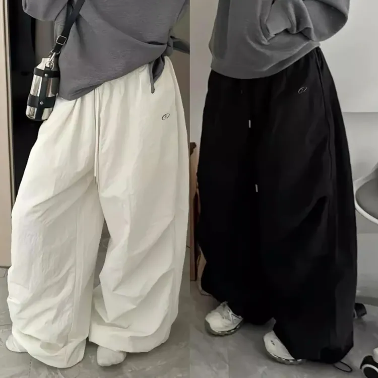 草莓熊classmate 美式松紧腰速干纯色降落伞裤抽绳宽松工装长裤