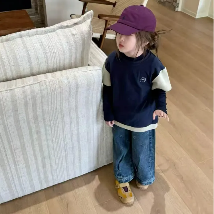 壹妈韩版童装女童秋季套装洋气儿童时髦拼色假两件上衣蓝色牛仔裤