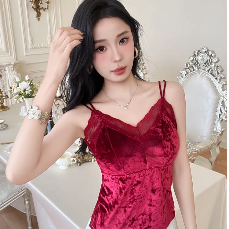 新款丝绒蕾丝吊带保暖美背乳胶聚拢外穿背心性感打底加绒大码内衣