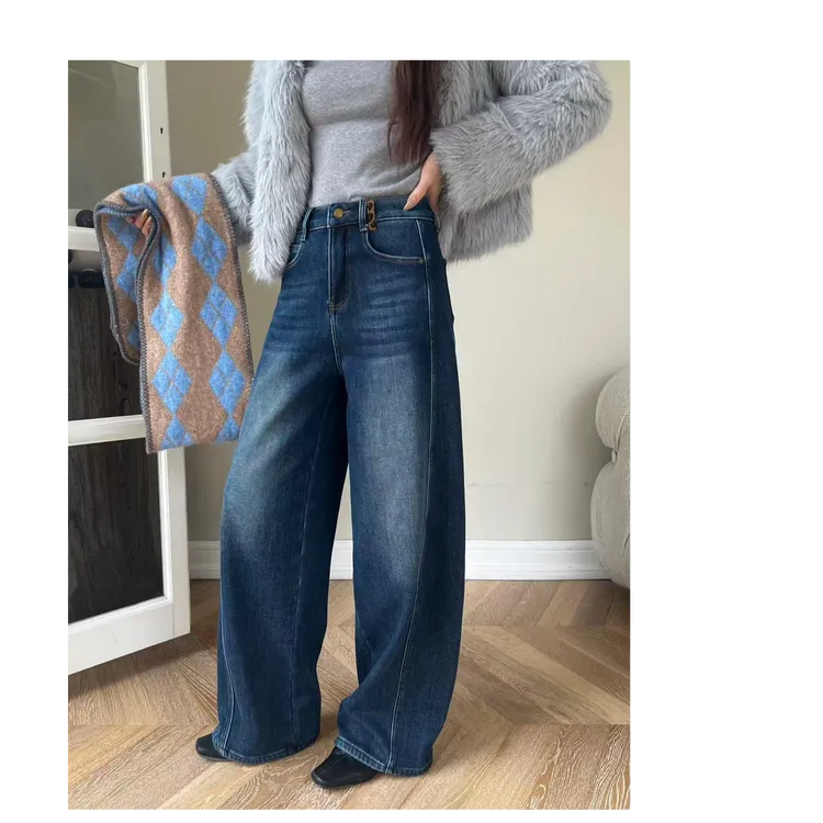 秋冬加绒显瘦直筒阔腿百搭时尚牛仔裤8872