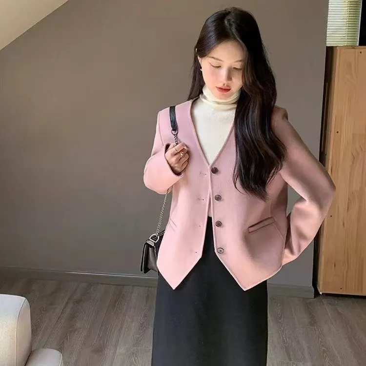 伦敦画廊 粉色短款小个子毛呢外套v领小西装气质名媛百搭时尚