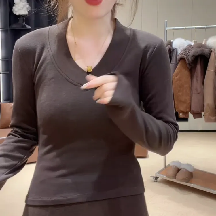 冬季磨毛显瘦打底V领简约修身上衣长袖T恤LK2508736