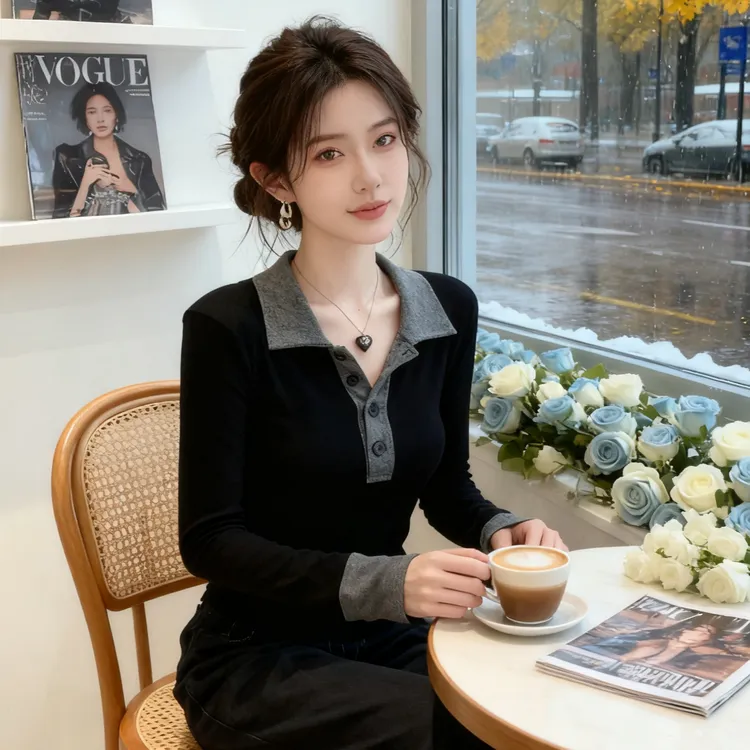 韩系拼色polo领长袖T恤女内搭秋冬季气质高级感修身显瘦短款上衣