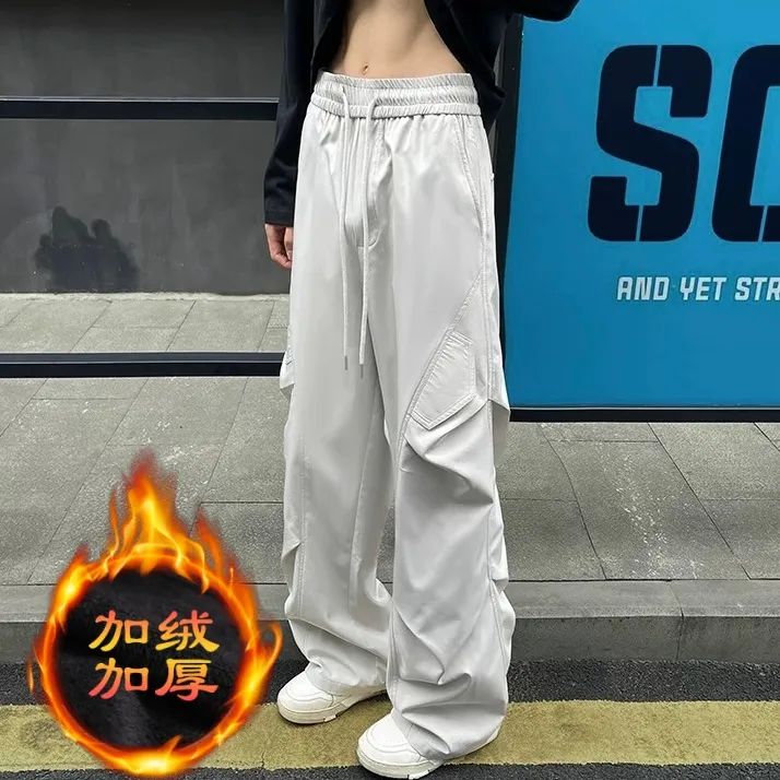 加厚褶皱感潮流直筒休闲裤男女秋冬加绒保暖宽松户外冲锋裤工装裤