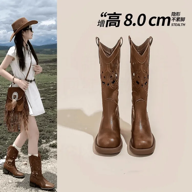 爆款增高镂空刺绣西部牛仔靴女2025新款复古中筒民族风骑士靴长靴