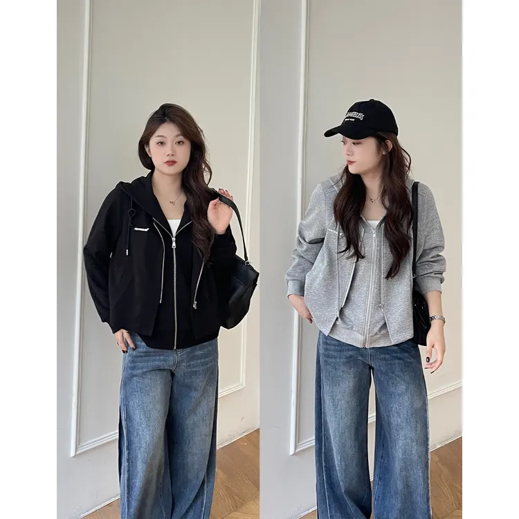 裂渡宣宣【私藏人间】微胖大码女秋百搭假两件连帽卫衣外套ZY507R37
