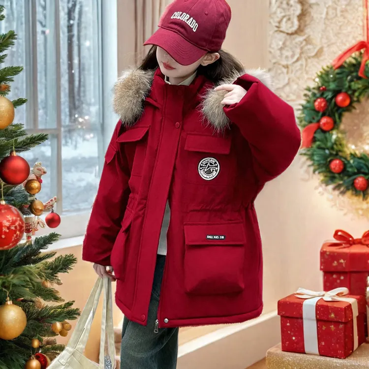 女童派克服2025冬季新款中长棉服加绒厚大毛领棉袄大儿童红色棉衣