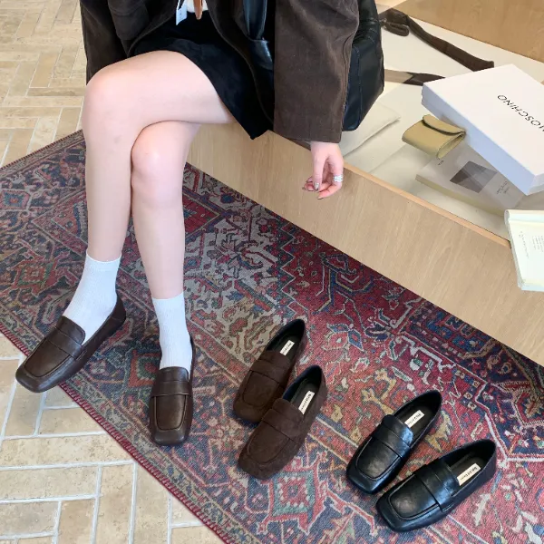 HKX-6399-10 方头复古女软底一脚蹬简约浅口单鞋秋季奶奶鞋三季鞋