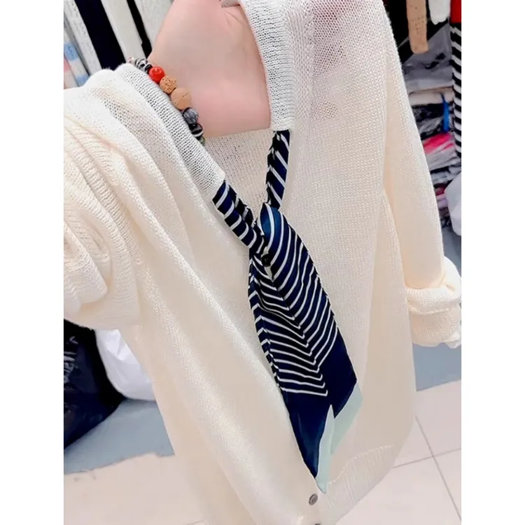 慵懒长袖针织衫女春秋新款时尚设计感丝巾休闲显瘦百搭上衣薄款