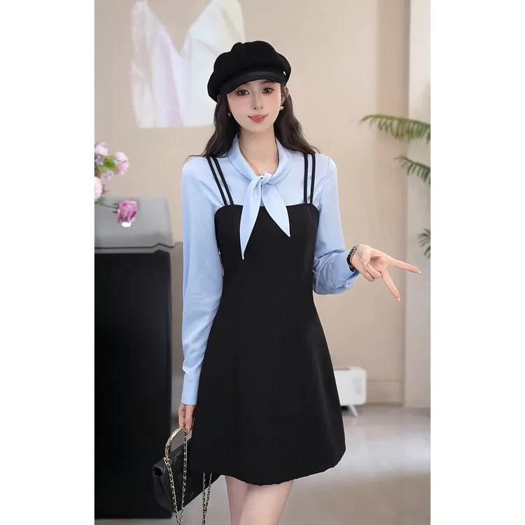 YUANLIANSU/圆脸酥【一束白茶】法式绑带衬衫+吊带连衣裙两件套秋季