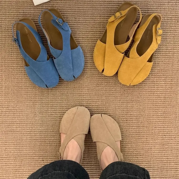 法式复古包头凉鞋女一字扣厚底勃肯鞋外穿配裙子一脚蹬时尚罗马鞋