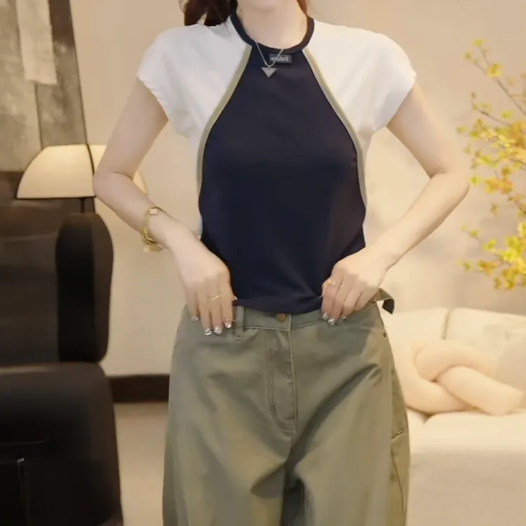 设计感小众减龄撞色短袖T恤上衣女2025夏季新款休闲百搭通勤上衣