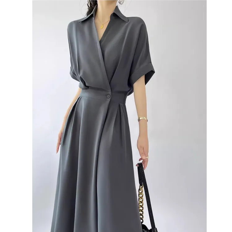 胖mm冰感抗皱衬衫连衣裙女2025夏季大码收腰显瘦气质高级感长裙子