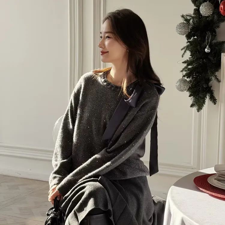 CY5DC33480“温柔飘带”绵羊毛兔毛山羊绒蝴蝶系带针织衫CY5DC33480