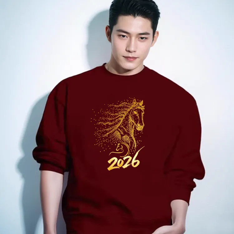 2026新年一家人聚会圆领卫衣马年亲子装家庭装四口六口长袖酒红色