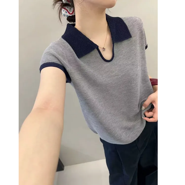 法式polo领撞色针织短袖上衣女2025夏季时尚设计感小众别致短款