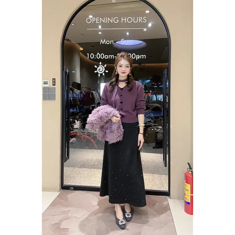 涵儿家 韩系V领亮片针织开衫 VS 松紧腰烫钻毛呢加绒半身裙-1379