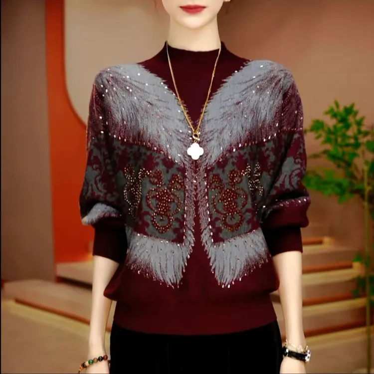 2025长袖上衣女显瘦显白百搭印花圆领减龄气质洋气1110/1018/1019