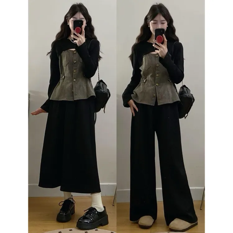 大码女装胖mm2025春季新款设计感收腰牛仔上衣半裙裤子两件套装