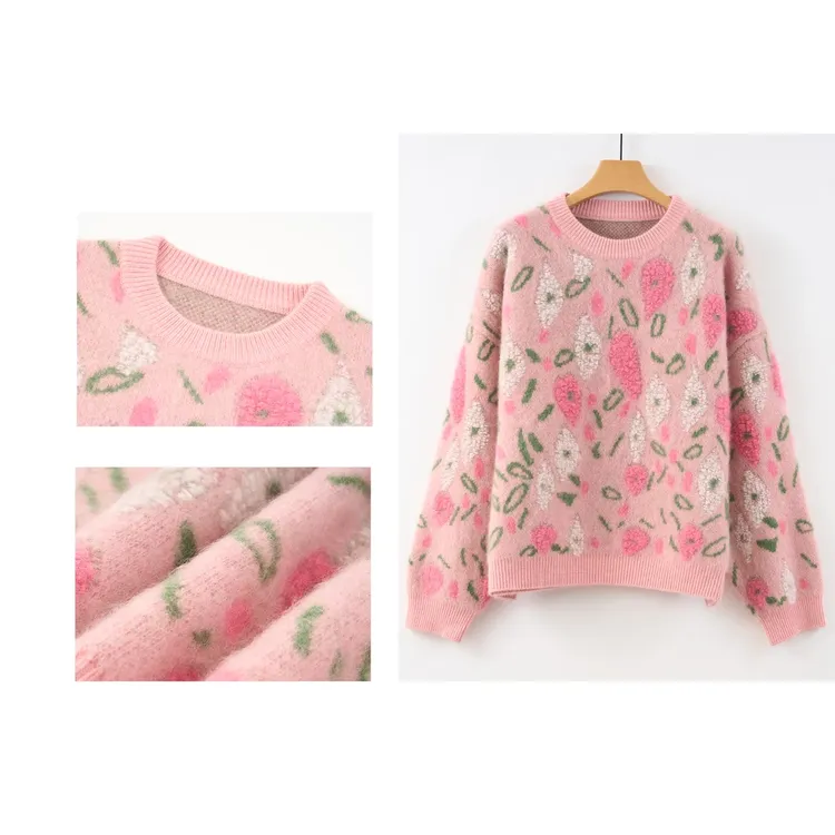 100%山羊绒拉绒加厚花朵提花刺绣宽松慵懒风内搭套头针织衫毛衣