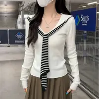 韩系减龄V领显瘦假两件撞色披肩针织衫8832