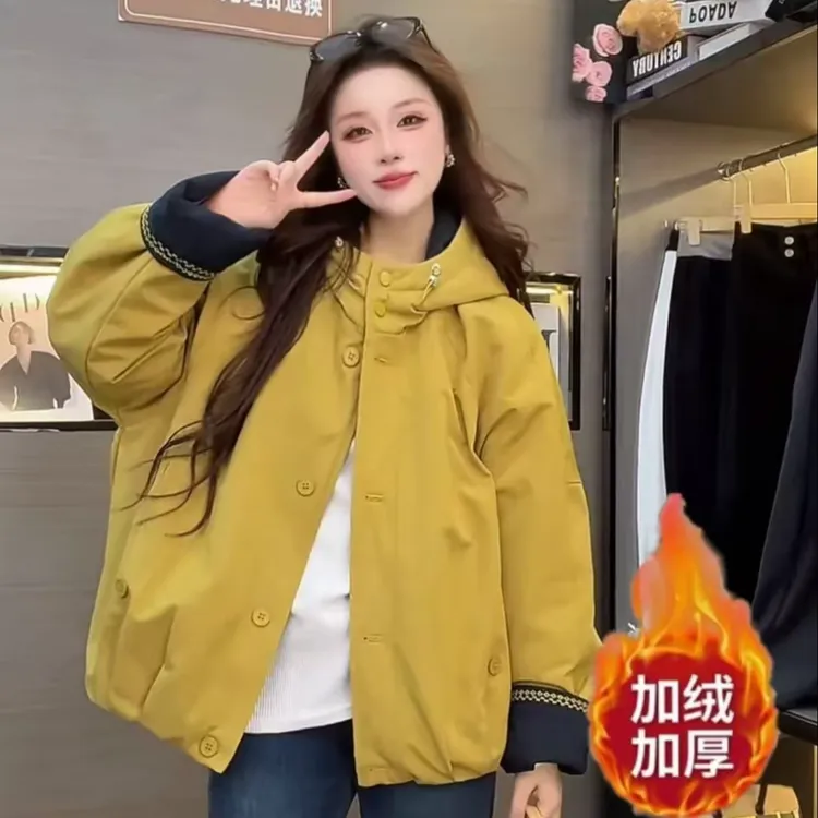 加绒加厚2025冬季新款宽松韩版连帽派客服外套女休闲棉衣棉服