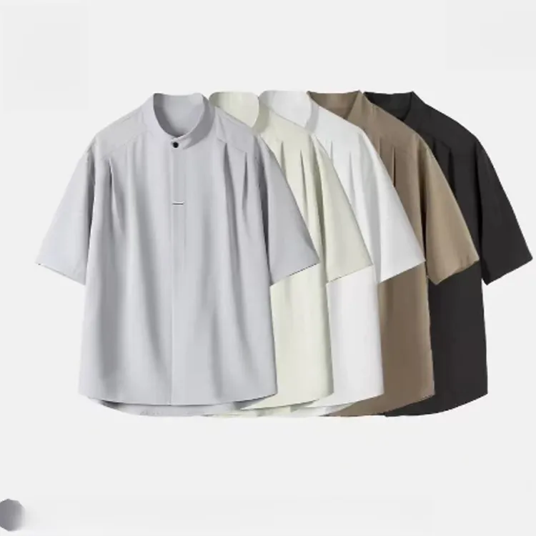 【168男装】夏季宽松纯色小众痞帅简约薄款百搭冰丝设计感衬衫