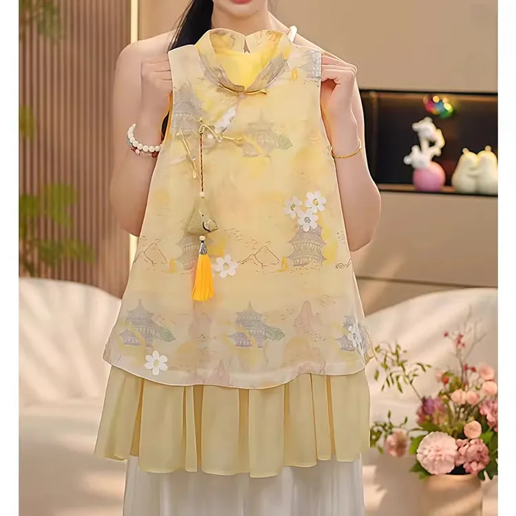 女童国风旗袍裙2025夏季新中式超火假两件背心裙改良版汉服提花薄