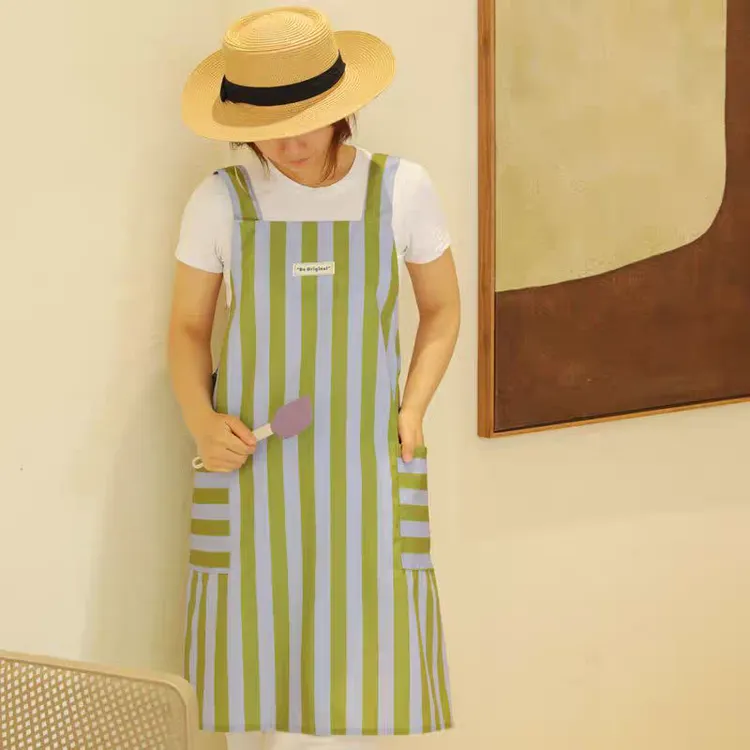 免系带日式高级感条纹围裙包邮纯涤棉布料家用厨房防油污水可定制