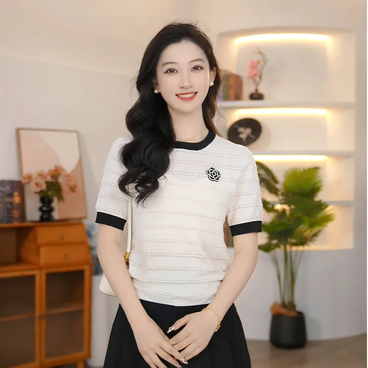 【曼贝】短袖夏季薄款针织衫洋气精致t恤套头休闲上衣8542328【月月】