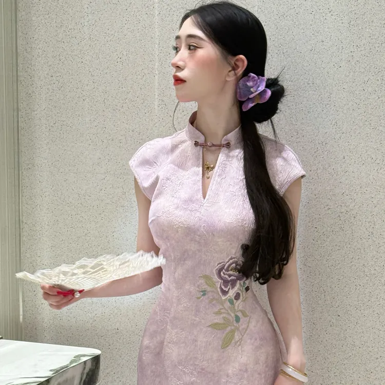 LHMknk1画报夫人原创自制新中式国风夏季江南风改良旗袍裙 紫非花