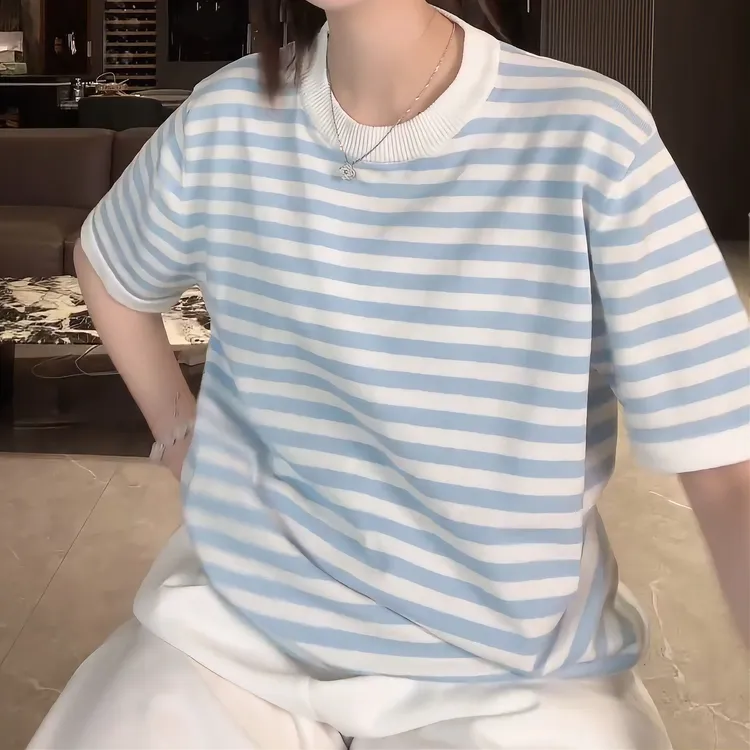 【Babyblue】2025新品夏季情侣装针织条纹宽松圆领短袖T恤LK2501887