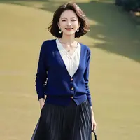 秋季新款大码开衫女V领拼色假两件毛衣宽松显瘦针织衫
