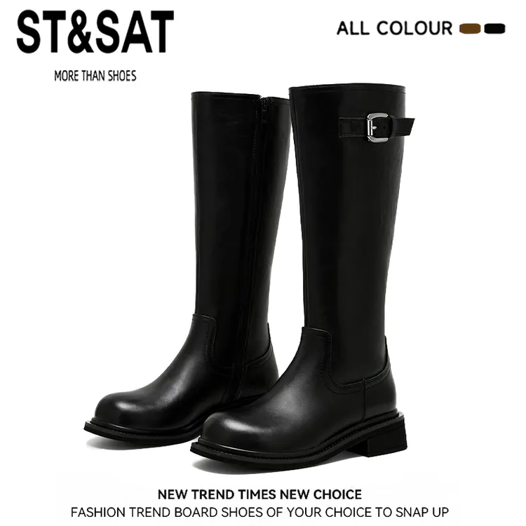 星期六黑色显瘦不过膝骑士靴女2025新款粗跟高筒马丁靴机车瘦瘦靴