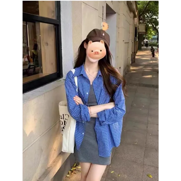 美式蓝色格子Polo领长袖衬衫女秋季2025新款宽松气质上衣百搭小众