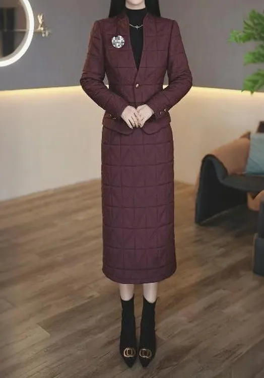 两件套秋冬新款高档加厚夹棉气质修身百搭连衣裙套装6063