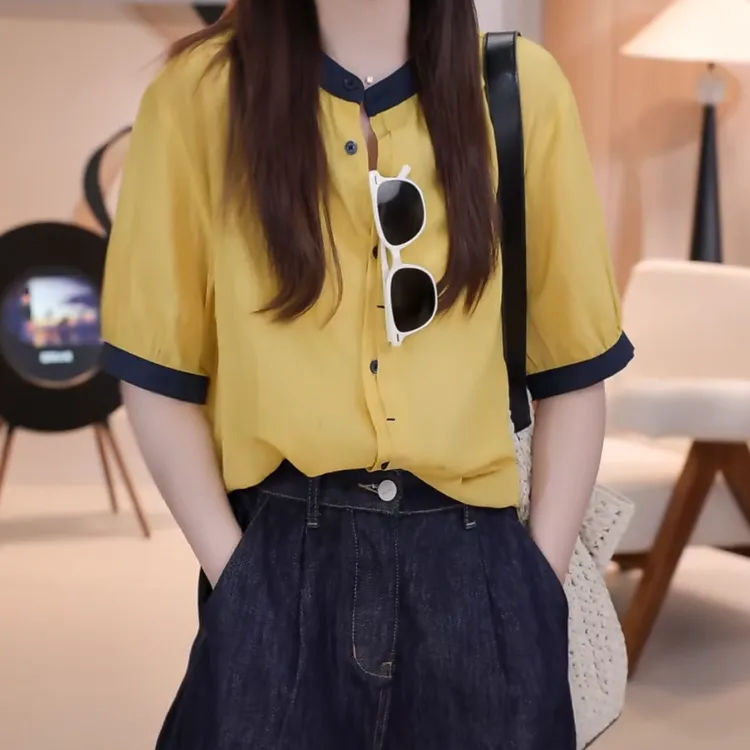 韩系薄款宽松别致慵懒风撞色单排扣短袖衬衫2025夏季新款设计感